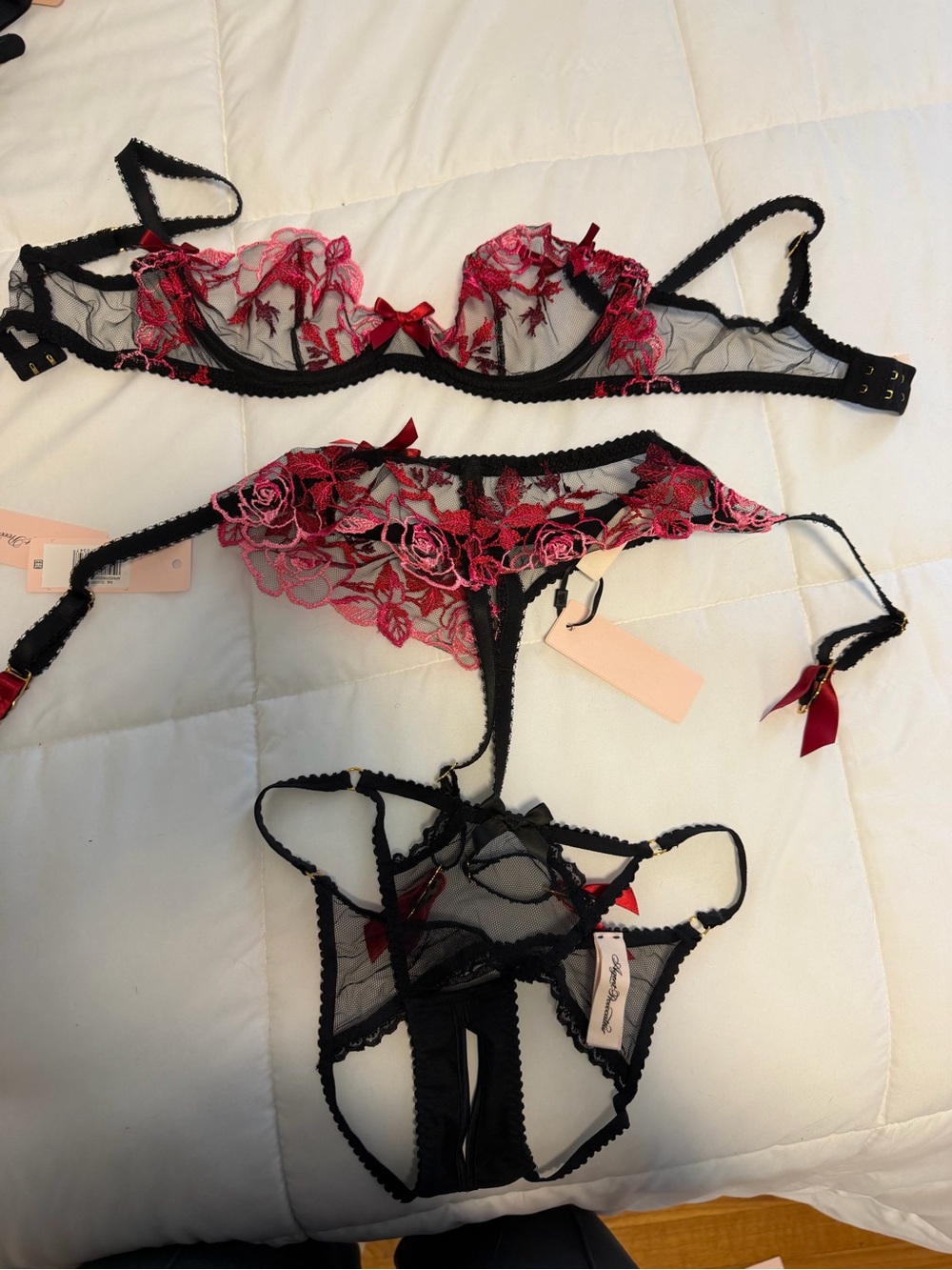Agent Provocateur Black Mesh Bra, Garter & Thong with Red Floral Embroidery